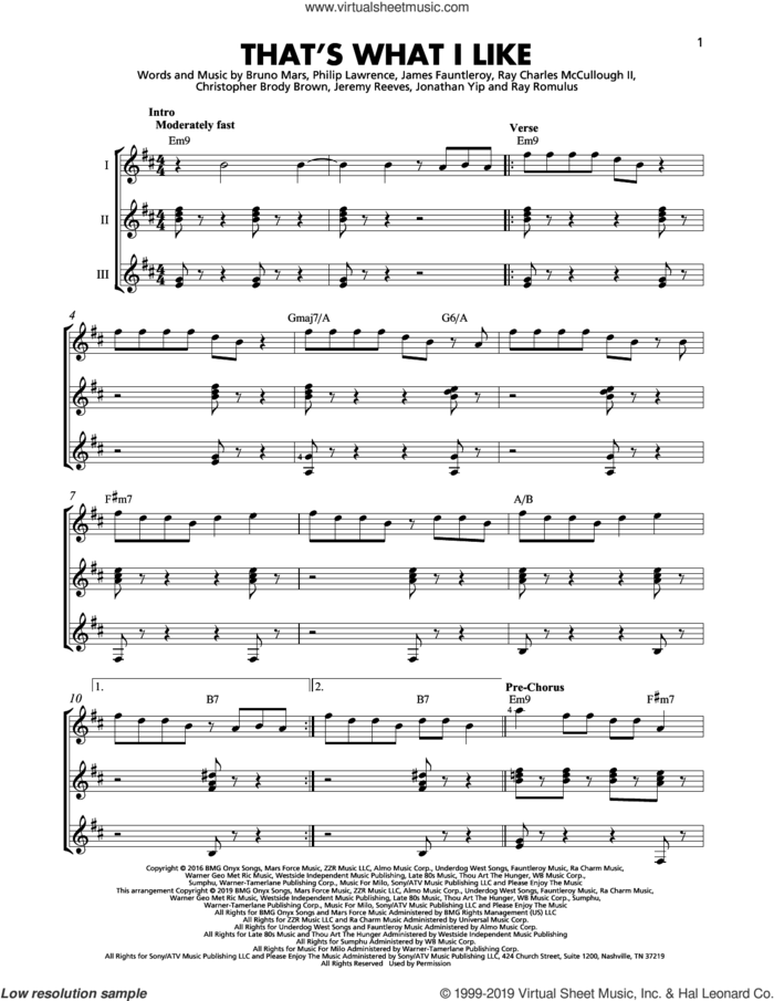 That's What I Like sheet music for guitar ensemble by Bruno Mars, Christopher Brody Brown, James Fauntleroy, Jeremy Reeves, Jonathan Yip, Philip Lawrence, Ray Charles McCullough II and Ray Romulus, intermediate skill level