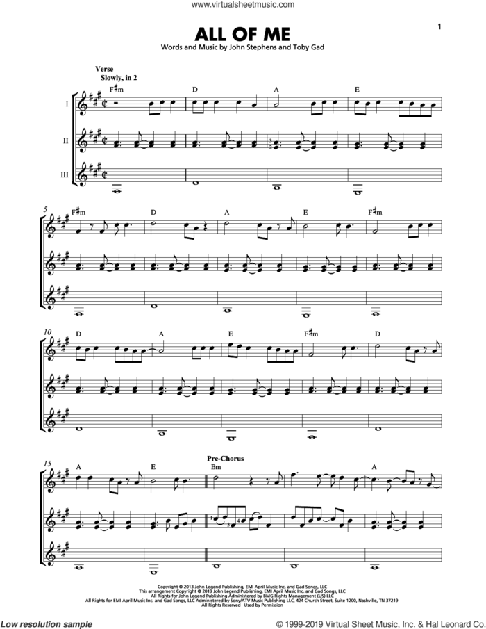 All Of Me sheet music for guitar ensemble by John Legend, John Stephens and Toby Gad, intermediate skill level