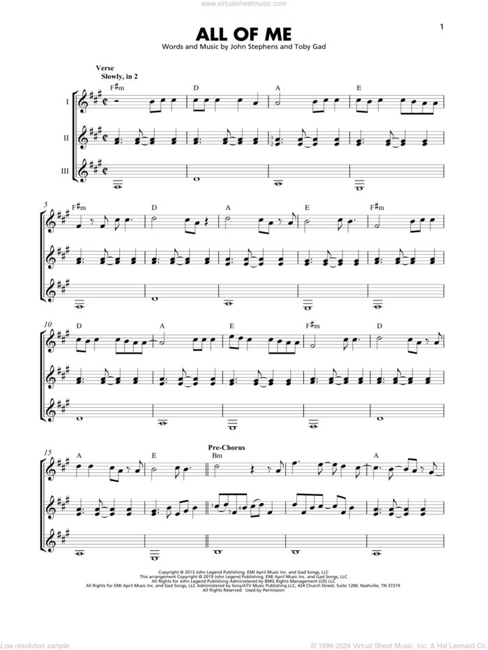 All Of Me sheet music for guitar ensemble by John Legend, John Stephens and Toby Gad, wedding score, intermediate skill level