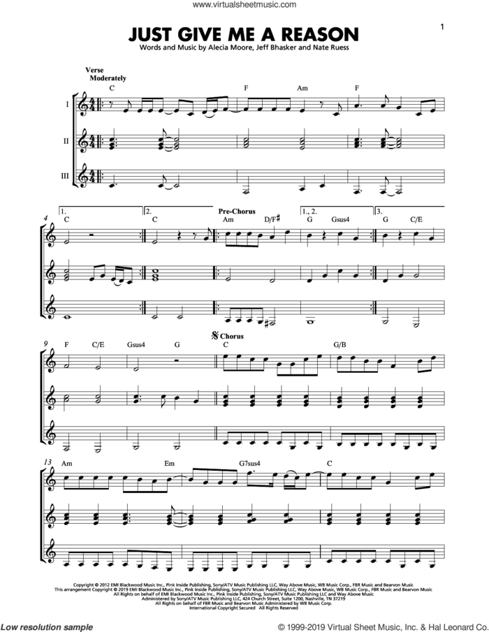 Just Give Me A Reason (feat. Nate Ruess) sheet music for guitar ensemble by P!nk, Alecia Moore, Jeff Bhasker and Nate Ruess, intermediate skill level