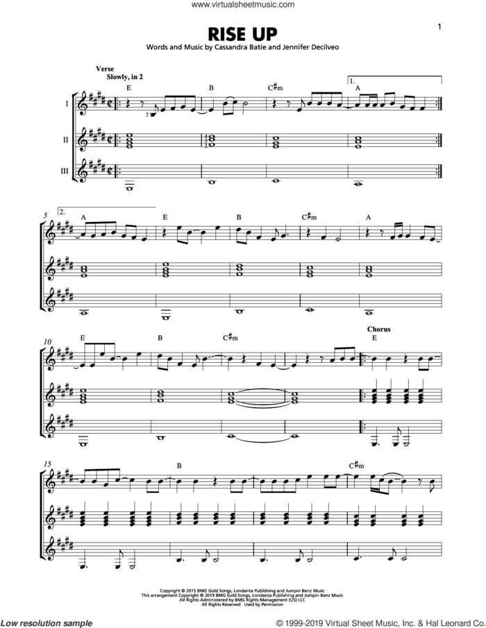 Rise Up sheet music for guitar ensemble by Andra Day, Cassandra Batie and Jennifer Decilveo, intermediate skill level