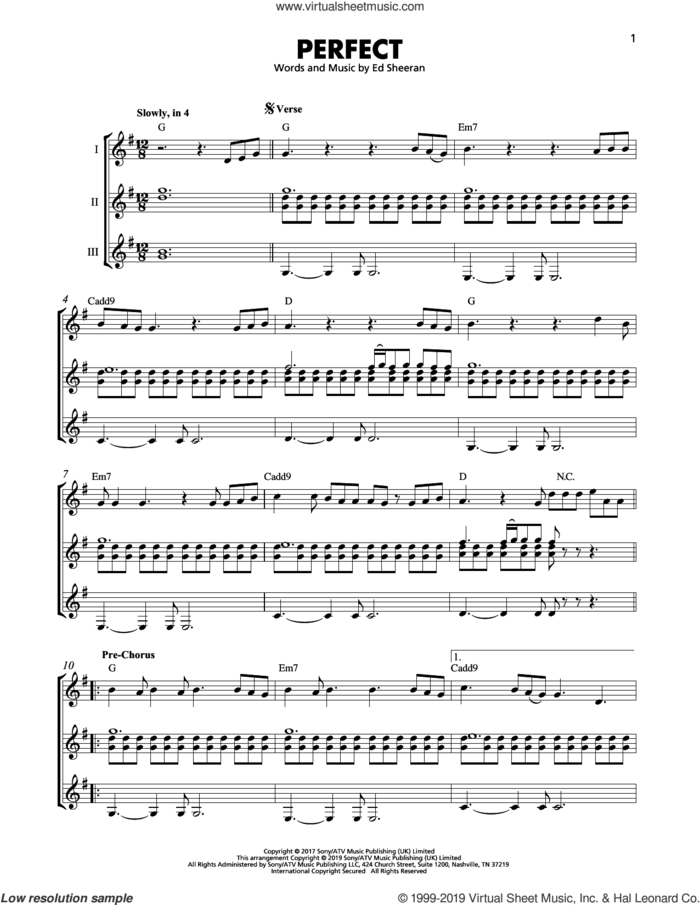 Perfect sheet music for guitar ensemble by Ed Sheeran, wedding score, intermediate skill level