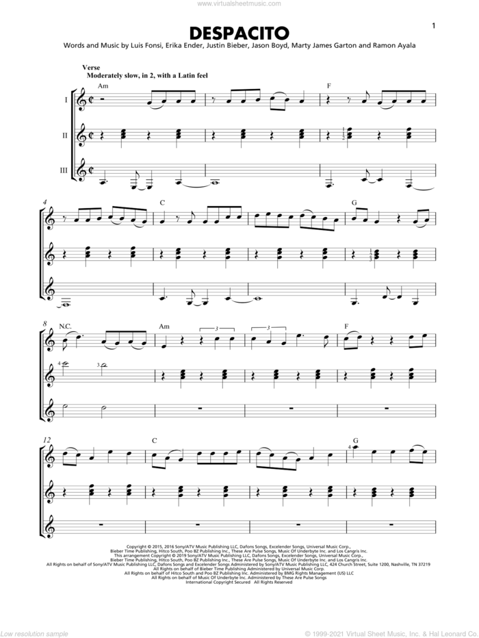 Despacito sheet music for guitar ensemble by Luis Fonsi & Daddy Yankee feat. Justin Bieber, Erika Ender, Luis Fonsi and Ramon Ayala, intermediate skill level