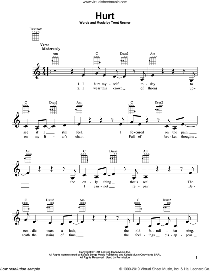 Hurt sheet music for ukulele by Johnny Cash and Trent Reznor, intermediate skill level