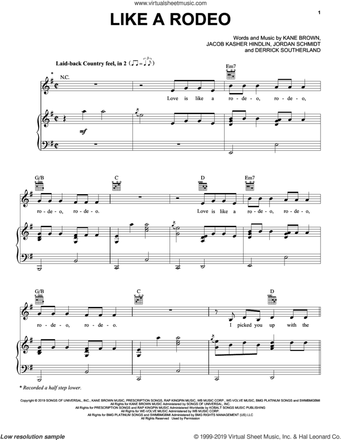 Like A Rodeo sheet music for voice, piano or guitar by Kane Brown, Derrick Southerland, Jacob Kasher Hindlin and Jordan Schmidt, intermediate skill level