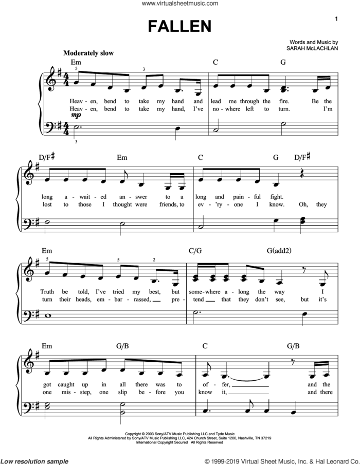 Fallen, (beginner) sheet music for piano solo by Sarah McLachlan, beginner skill level
