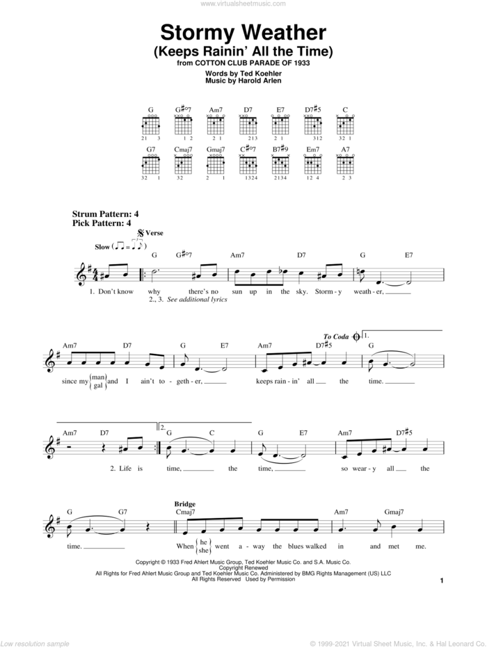 Stormy Weather (Keeps Rainin' All The Time) sheet music for guitar solo (chords) by Harold Arlen and Ted Koehler, easy guitar (chords)