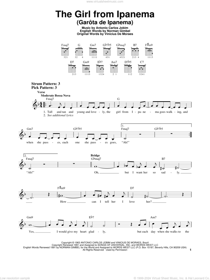 The Girl From Ipanema (Garota De Ipanema) sheet music for guitar solo (chords) by Antonio Carlos Jobim, Norman Gimbel and Vinicius de Moraes, easy guitar (chords)