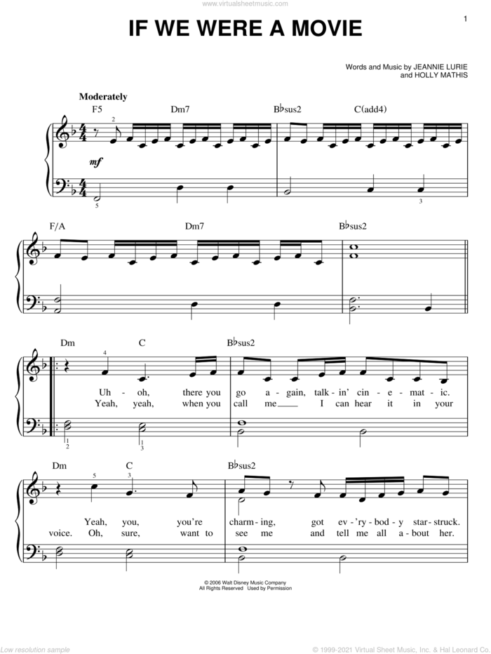 If We Were A Movie sheet music for piano solo by Hannah Montana, Miley Cyrus, Holly Mathis and Jeannie Lurie, easy skill level
