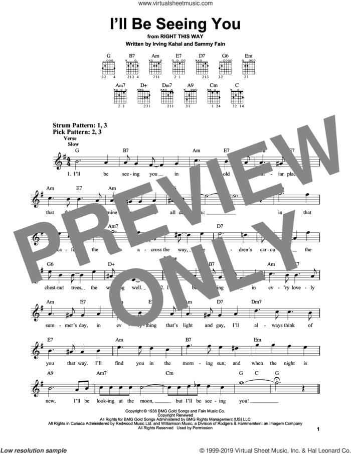 I'll Be Seeing You sheet music for guitar solo (chords) by Irving Kahal and Sammy Fain, easy guitar (chords)