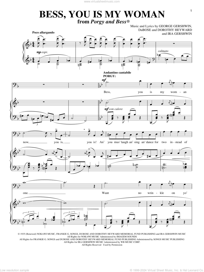 Bess, You Is My Woman sheet music for voice and piano by George Gershwin, Richard Walters, Dorothy Heyward, DuBose Heyward and Ira Gershwin, intermediate skill level