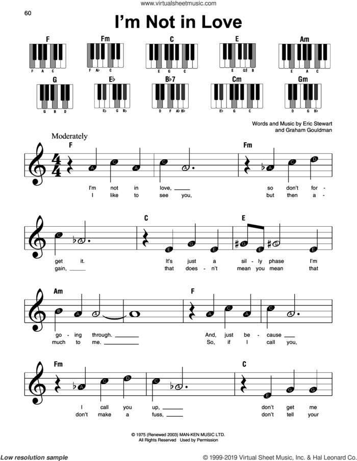 I'm Not In Love sheet music for piano solo by 10Cc, Eric Stewart and Graham Gouldman, beginner skill level