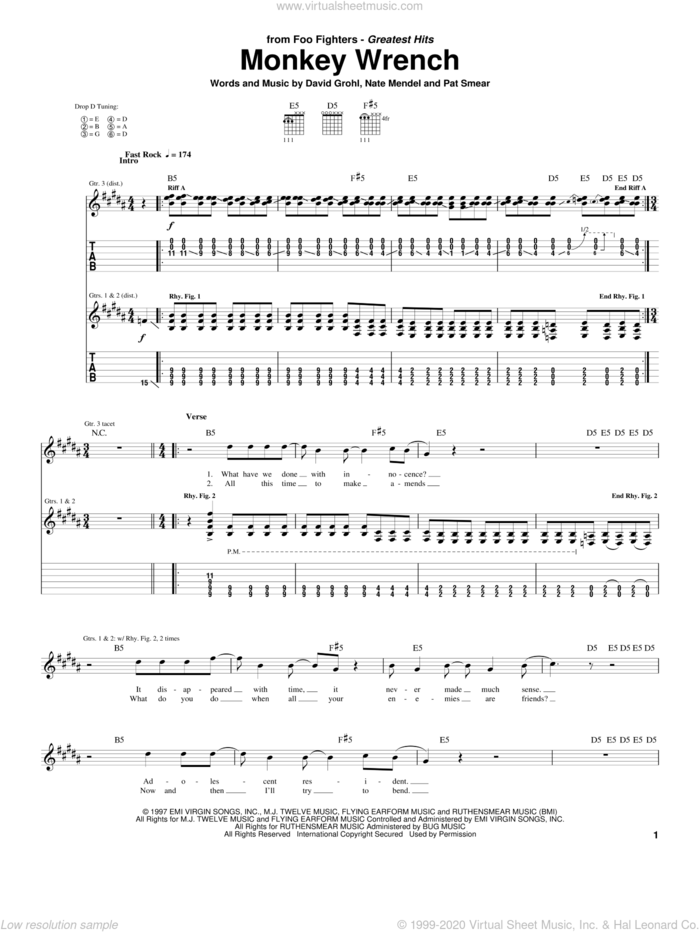 Monkey Wrench sheet music for guitar (tablature) by Foo Fighters, Guitar Hero, Dave Grohl, Nate Mendel and Pat Smear, intermediate skill level