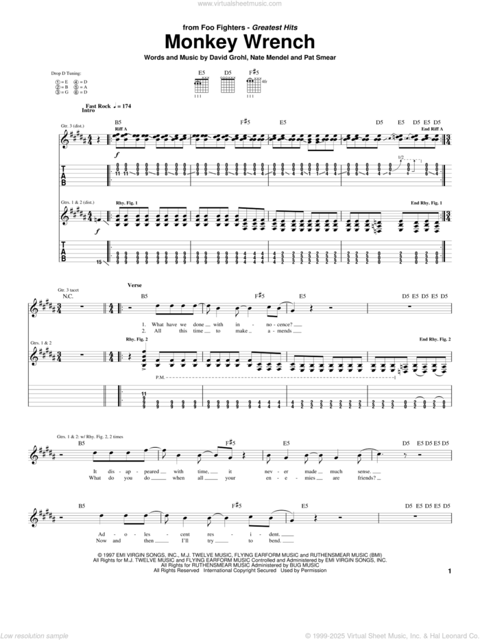 Monkey Wrench sheet music for guitar (tablature) by Foo Fighters, Guitar Hero, Dave Grohl, Nate Mendel and Pat Smear, intermediate skill level