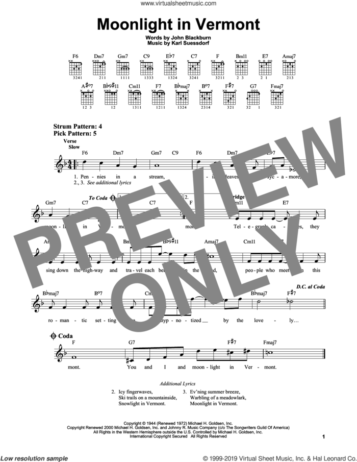Moonlight In Vermont sheet music for guitar solo (chords) by Karl Suessdorf and John Blackburn, easy guitar (chords)