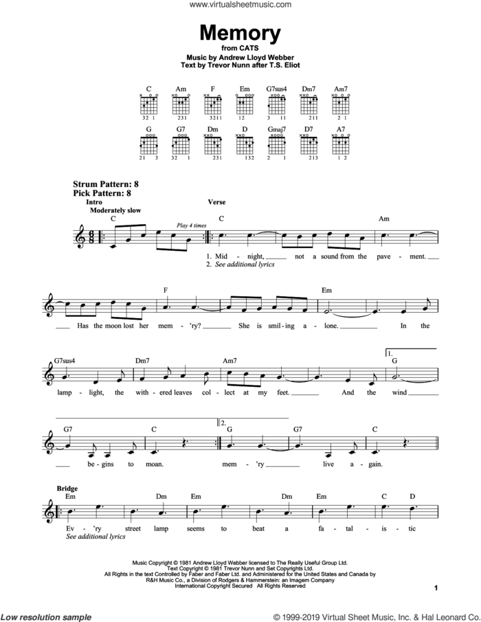 Memory (from Cats) sheet music for guitar solo (chords) by Andrew Lloyd Webber and Trevor Nunn, easy guitar (chords)