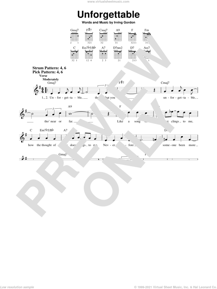 Unforgettable sheet music for guitar solo (chords) by Natalie Cole and Irving Gordon, easy guitar (chords)