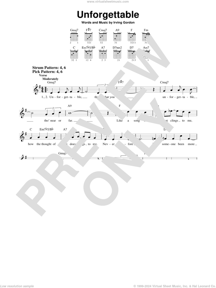 Unforgettable sheet music for guitar solo (chords) by Natalie Cole and Irving Gordon, easy guitar (chords)