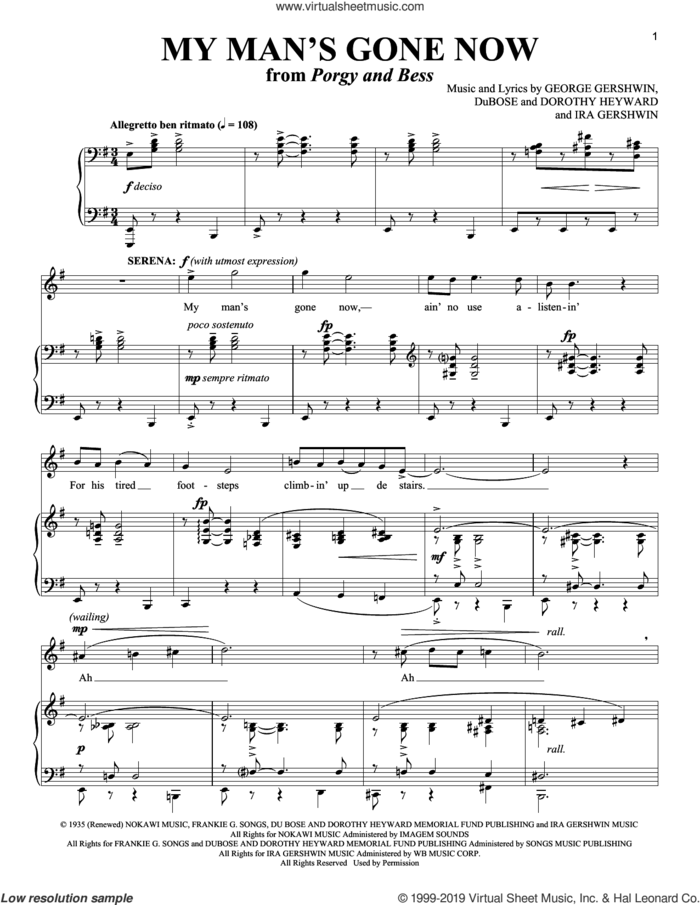 My Man's Gone Now sheet music for voice and piano by George Gershwin, Richard Walters, Dorothy Heyward, DuBose Heyward and Ira Gershwin, intermediate skill level
