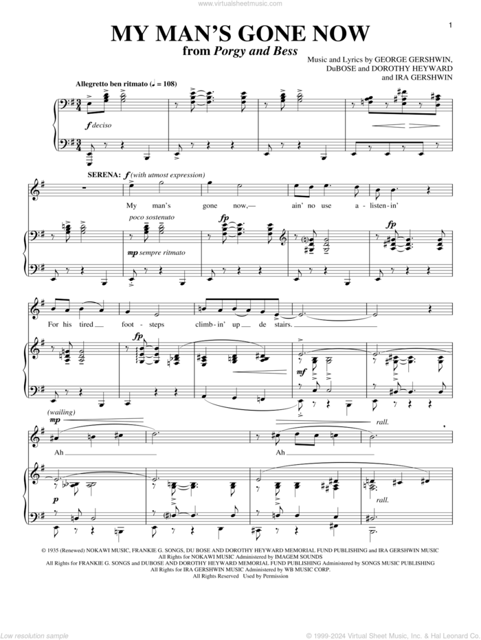 My Man's Gone Now sheet music for voice and piano by George Gershwin, Richard Walters, Dorothy Heyward, DuBose Heyward and Ira Gershwin, intermediate skill level