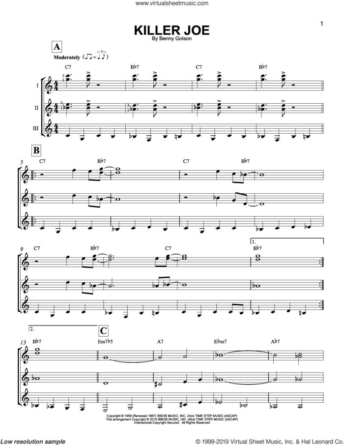 Killer Joe sheet music for guitar ensemble by Benny Golson, intermediate skill level