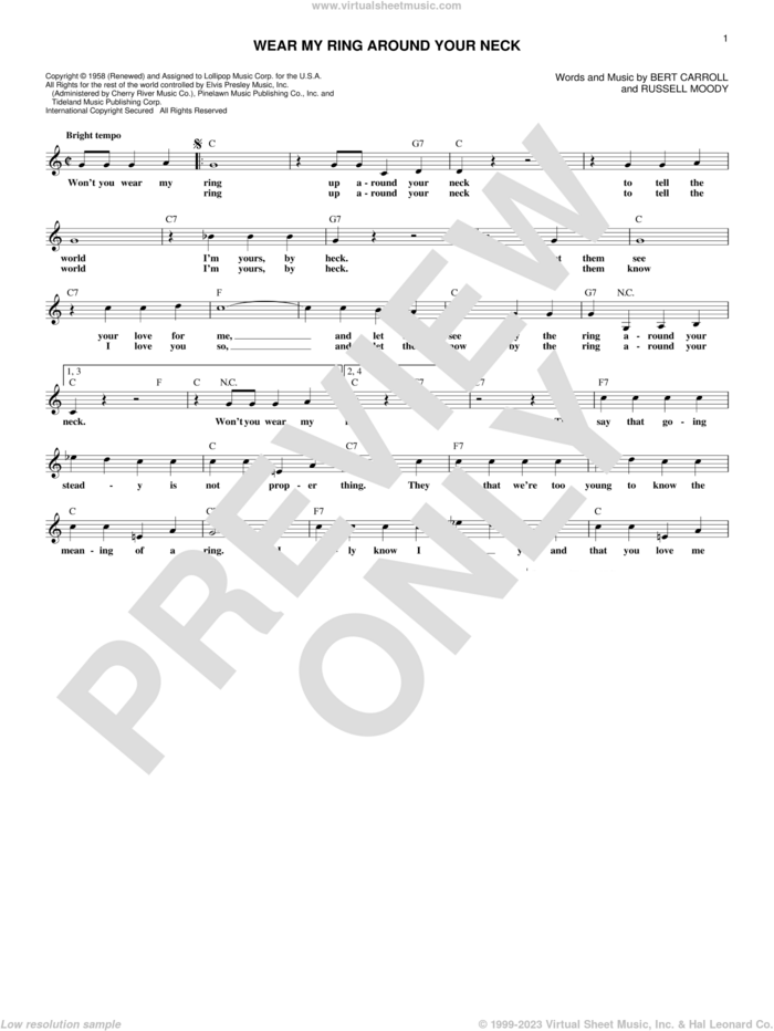 Wear My Ring Around Your Neck sheet music for voice and other instruments (fake book) by Elvis Presley, Bert Carroll, Marilyn Schack and Russell Moody, intermediate skill level