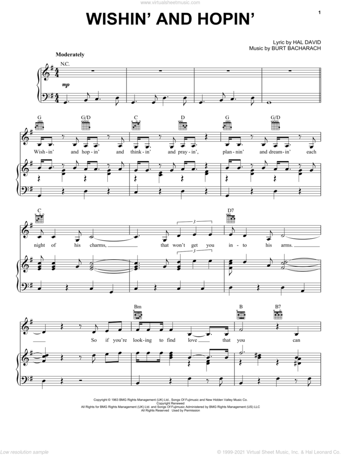 Wishin' And Hopin' sheet music for voice, piano or guitar by Dusty Springfield, Burt Bacharach and Hal David, intermediate skill level