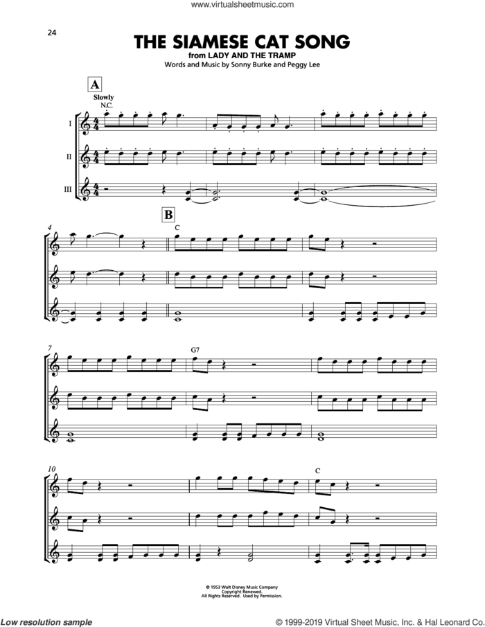 The Siamese Cat Song (from Lady And The Tramp) sheet music for ukulele ensemble by Peggy Lee and Sonny Burke, intermediate skill level