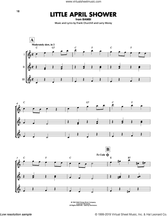Little April Shower (from Disney's Bambi) sheet music for ukulele ensemble by Larry Morey and Frank Churchill, intermediate skill level