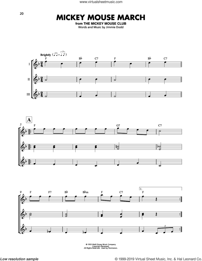 Mickey Mouse March (from The Mickey Mouse Club) sheet music for ukulele ensemble by Jimmie Dodd, intermediate skill level