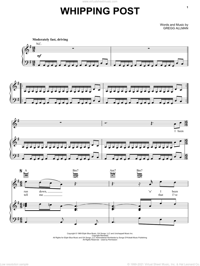 Whipping Post sheet music for voice, piano or guitar by The Allman Brothers Band and Gregg Allman, intermediate skill level