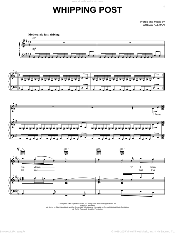 Whipping Post sheet music for voice, piano or guitar by The Allman Brothers Band and Gregg Allman, intermediate skill level