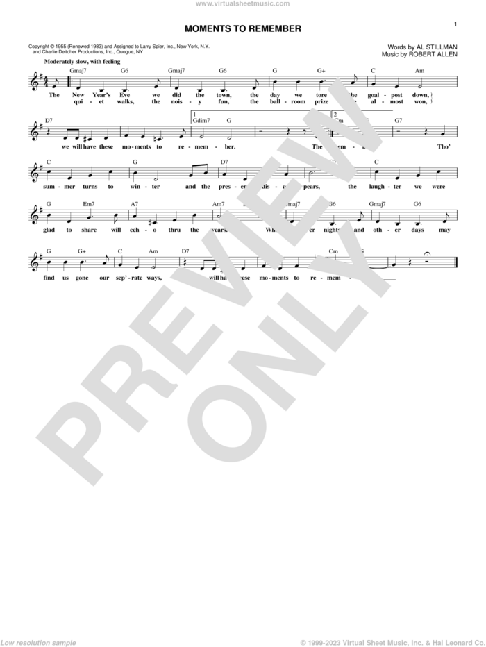 Moments To Remember sheet music for voice and other instruments (fake book) by The Four Lads, Al Stillman and Robert Allen, intermediate skill level