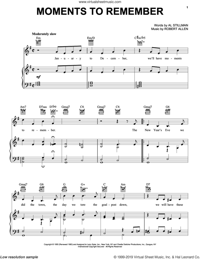 Moments To Remember sheet music for voice, piano or guitar by The Four Lads, Al Stillman and Robert Allen, intermediate skill level