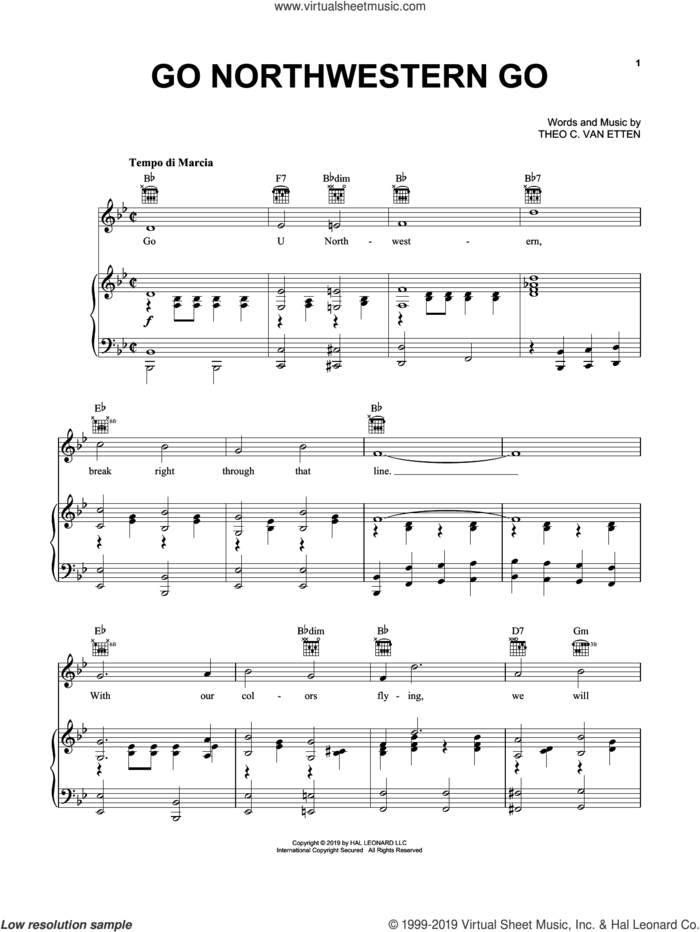 Go Northwestern Go (Go U Northwestern) sheet music for voice, piano or guitar by Theo C. Van Etten, intermediate skill level