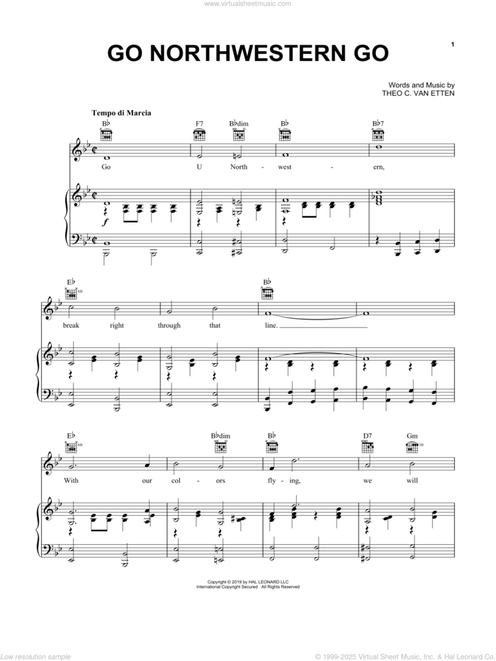 Go Northwestern Go (Go U Northwestern) sheet music for voice, piano or guitar by Theo C. Van Etten, intermediate skill level