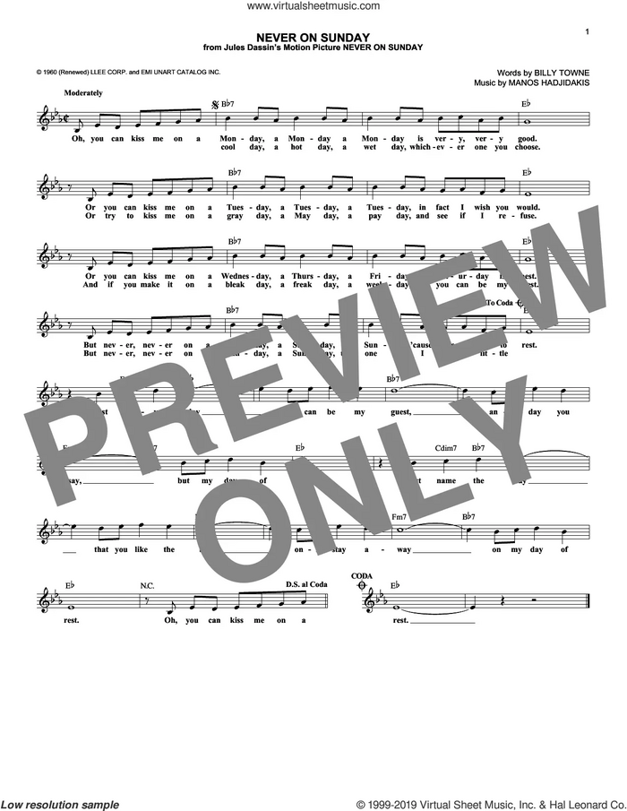 Never On Sunday sheet music for voice and other instruments (fake book) by Manos Hadjidakis and Billy Towne, intermediate skill level