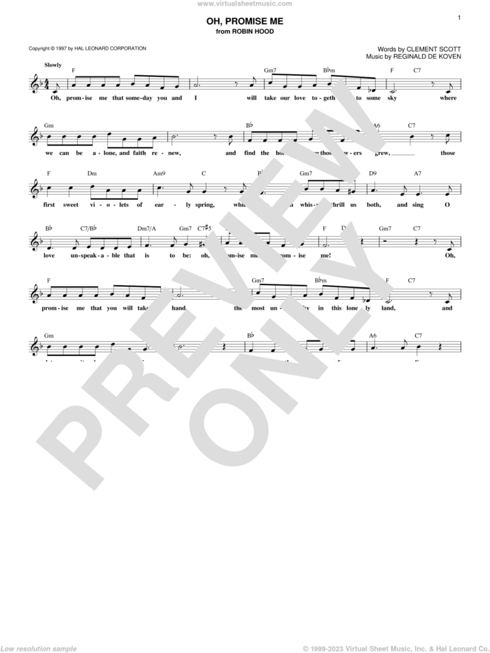 Oh, Promise Me sheet music for voice and other instruments (fake book) by Reginald De Koven and Clement Scott, intermediate skill level