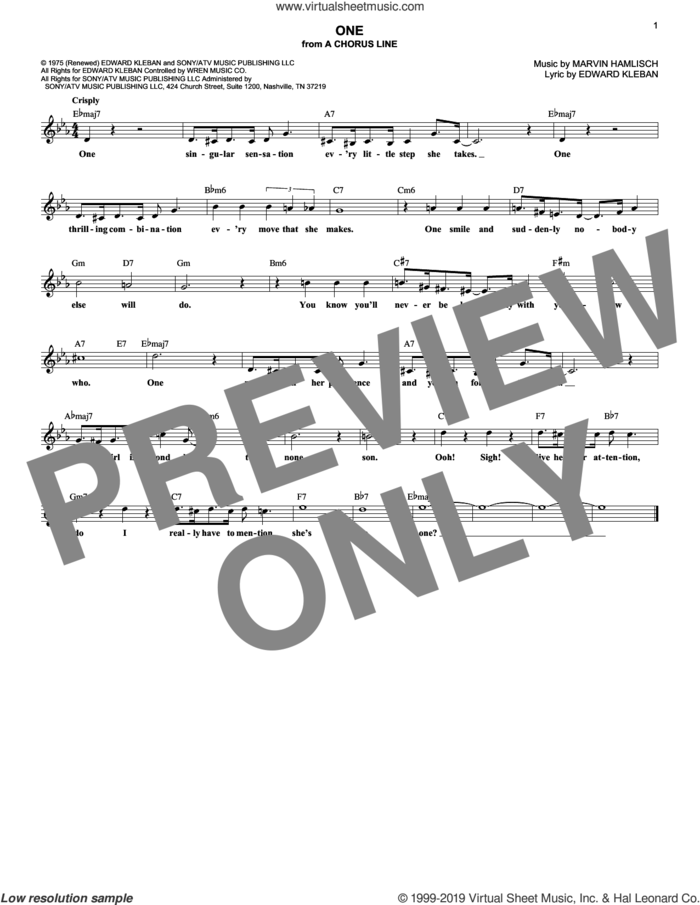 One (from A Chorus Line) sheet music for voice and other instruments (fake book) by Marvin Hamlisch and Edward Kleban, intermediate skill level