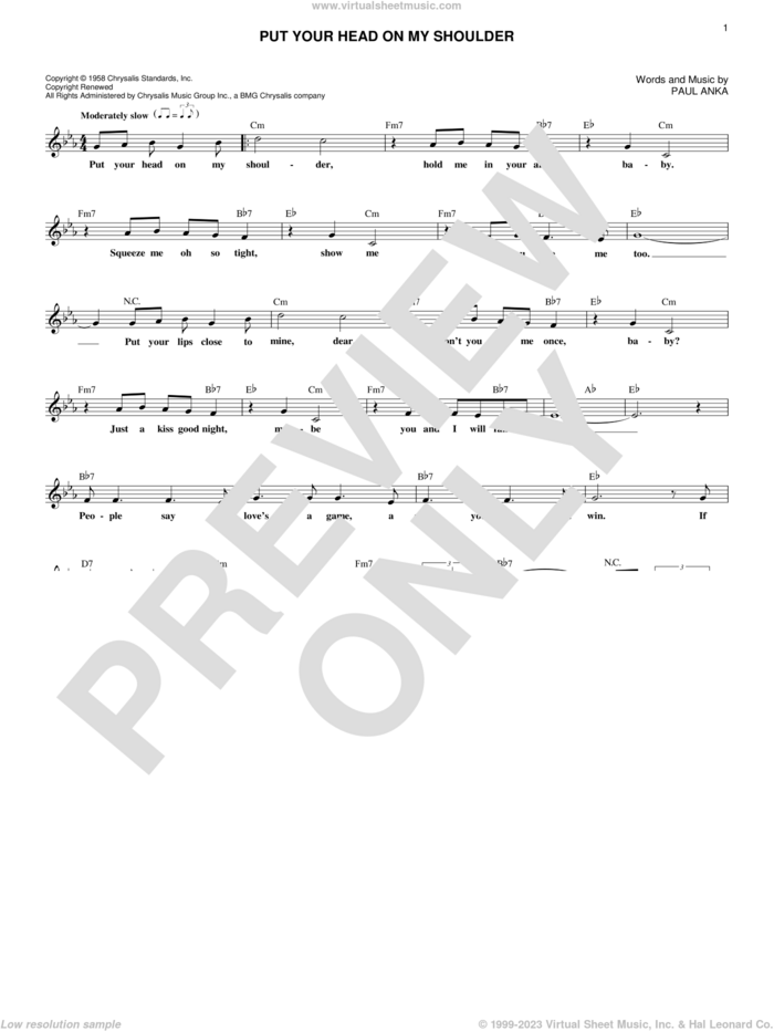 Put Your Head On My Shoulder sheet music for voice and other instruments (fake book) by Paul Anka, intermediate skill level