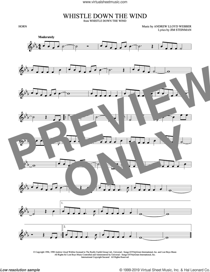 Whistle Down The Wind sheet music for horn solo by Andrew Lloyd Webber and Jim Steinman, intermediate skill level