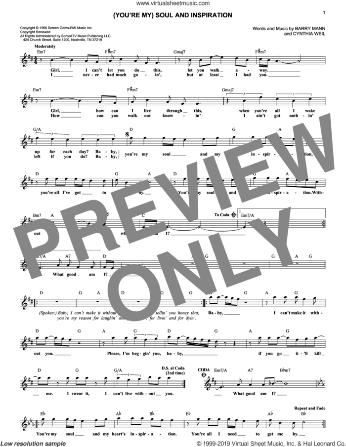 (You're My) Soul And Inspiration sheet music for voice and other instruments (fake book) by Righteous Brothers, Barry Mann and Cynthia Weil, intermediate skill level