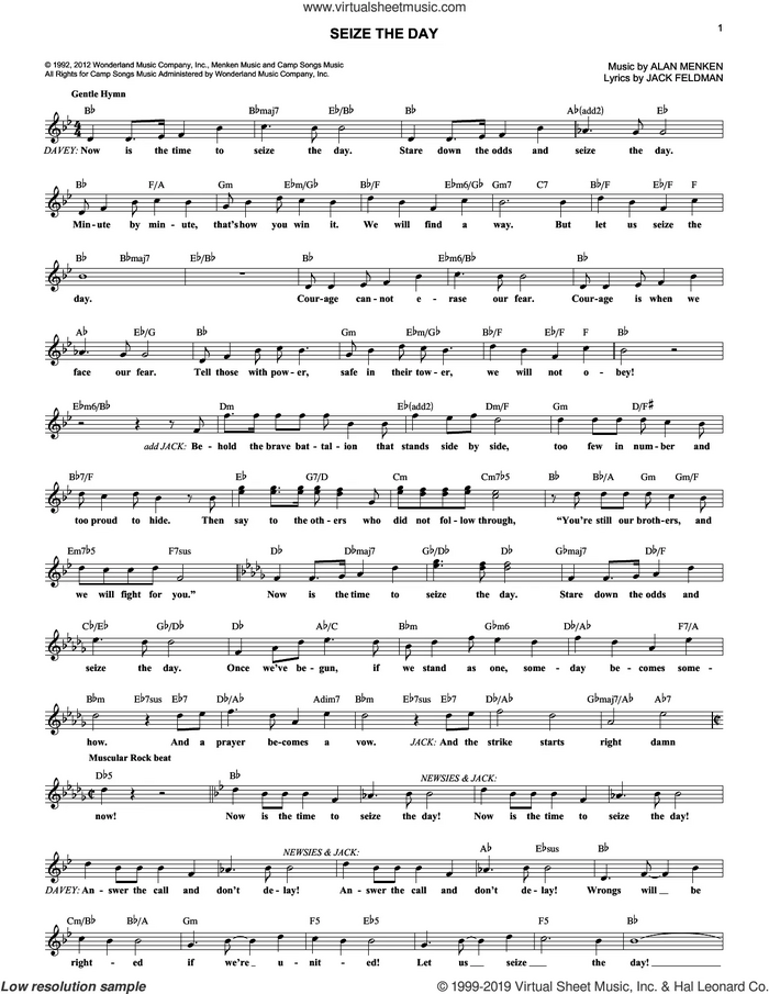 Seize The Day (from Newsies The Musical) sheet music for voice and other instruments (fake book) by Alan Menken, Alan Menken & Jack Feldman and Jack Feldman, intermediate skill level