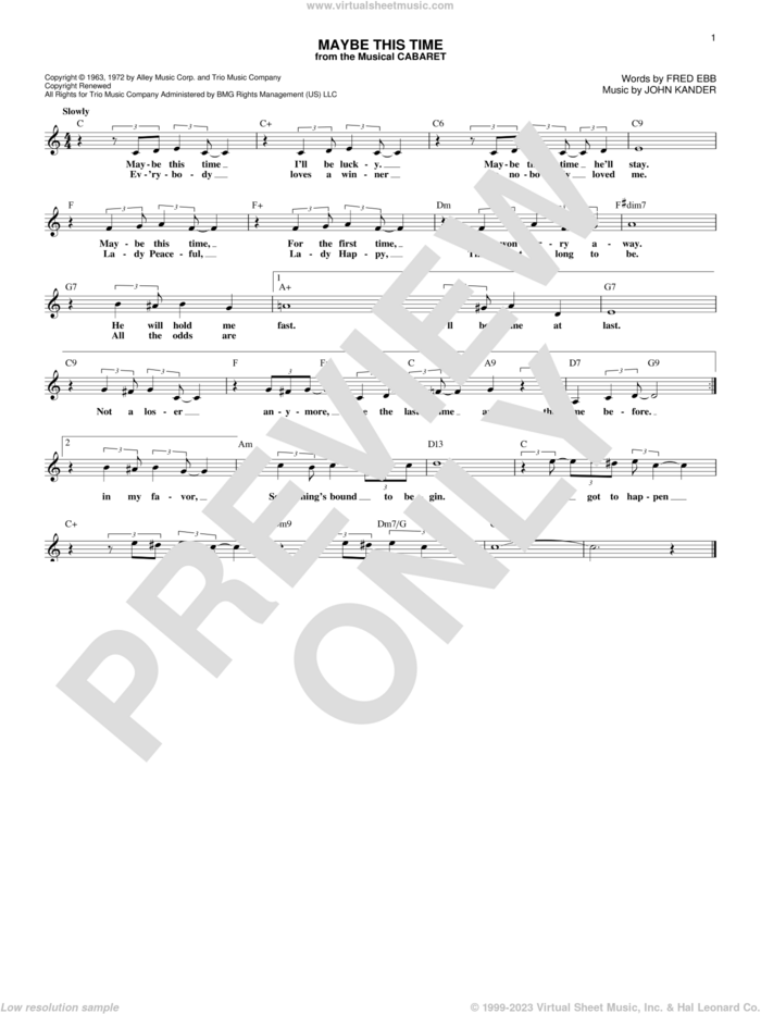 Maybe This Time (from Cabaret) sheet music for voice and other instruments (fake book) by Kander & Ebb, Fred Ebb and John Kander, intermediate skill level