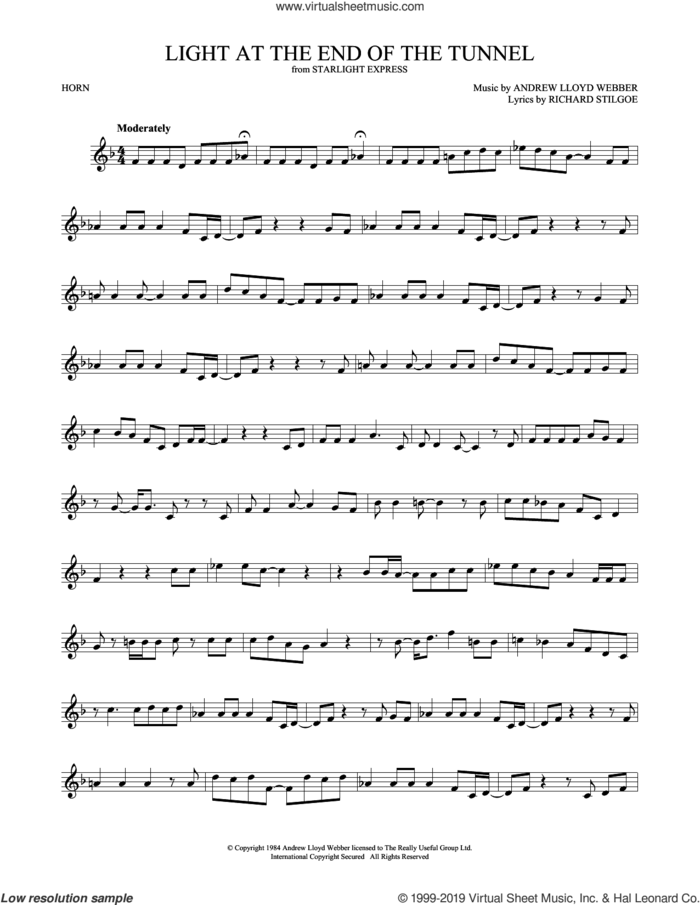 Light At The End Of The Tunnel (from Starlight Express) sheet music for horn solo by Andrew Lloyd Webber and Richard Stilgoe, intermediate skill level