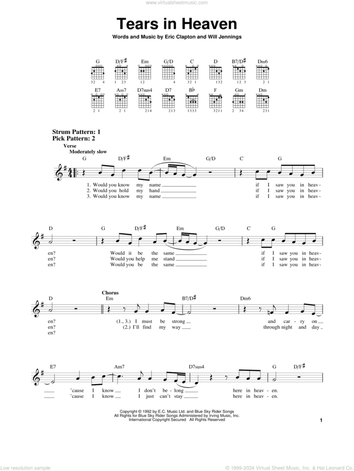 Tears In Heaven sheet music for guitar solo (chords) by Eric Clapton and Will Jennings, easy guitar (chords)