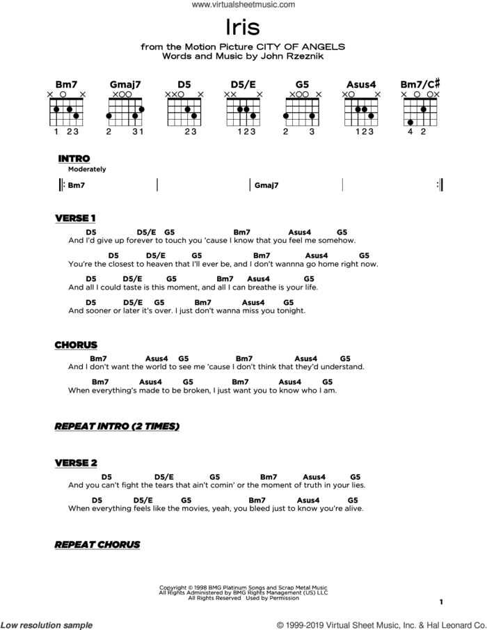 Iris sheet music for guitar solo by Goo Goo Dolls and John Rzeznik, beginner skill level