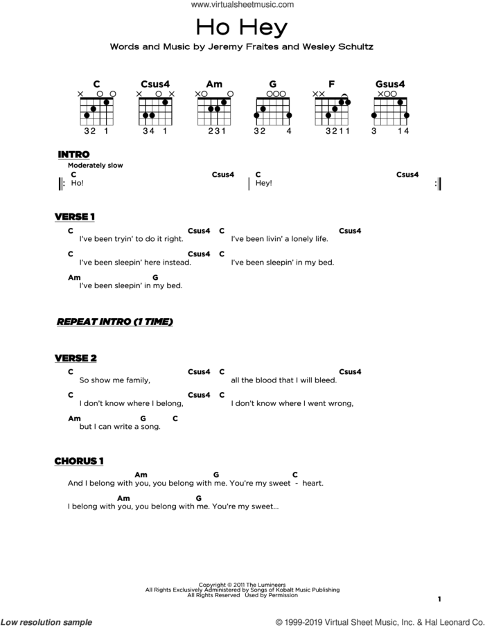 Ho Hey sheet music for guitar solo by The Lumineers, Jeremy Fraites and Wesley Schultz, beginner skill level
