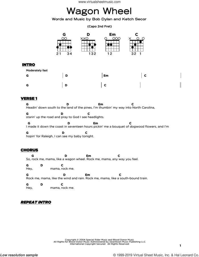 Wagon Wheel, (beginner) sheet music for guitar solo by Old Crow Medicine Show, Boby Dylan and Ketch Secor, beginner skill level