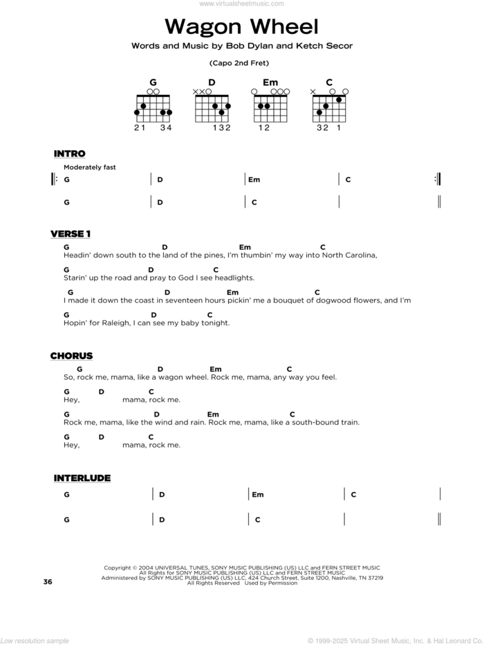 Wagon Wheel, (beginner) sheet music for guitar solo by Old Crow Medicine Show, Boby Dylan and Ketch Secor, beginner skill level